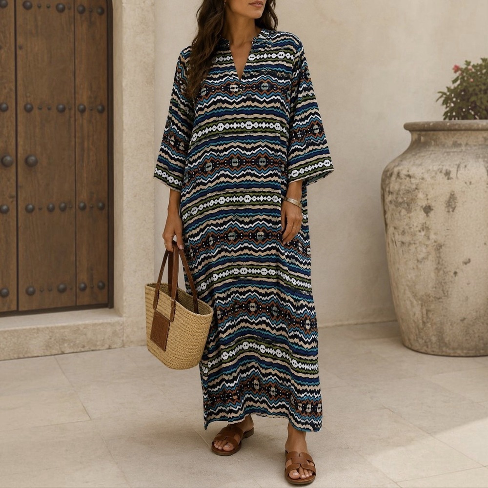 Elizabeth James The Label Talia Dress Ikat Stripe Cotton Resort Tribal Sz S
